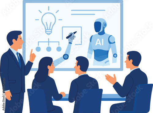Team brainstorming with a robotic arm writing on a whiteboard Illustration