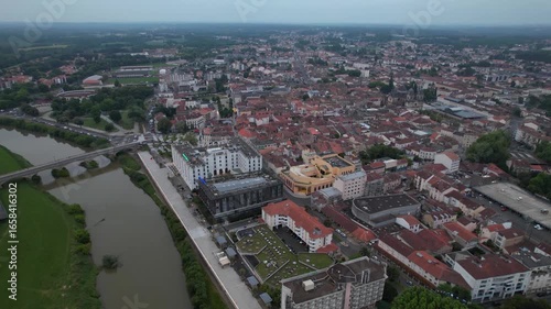 Aerial panorama view around the old town and  around the city  Dax in France, on a sunny summer noon