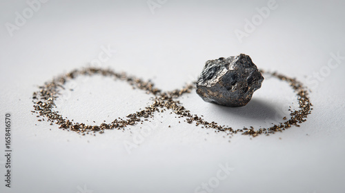 A tiny meteorite rests on an infinity symbol crafted from probability percentages.