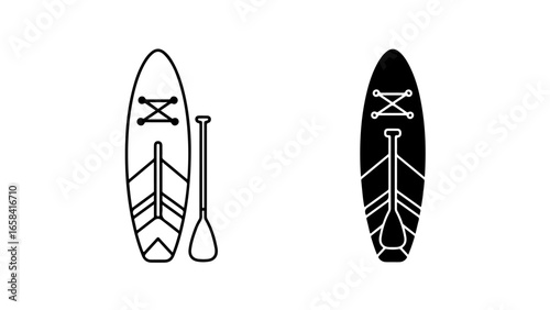 A stand-up paddleboard and paddle are shown as outline and silhouette icons on a white background.