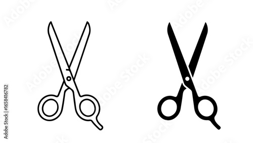 Two graphic open scissors symbols are rendered in both outline and solid black.