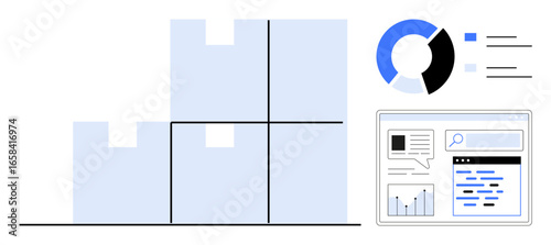 Stacked warehouse blocks with analytics dashboard showing graphs, pie chart, and search bar. Ideal for logistics, e-commerce, data, inventory, supply chain, management simple landing page