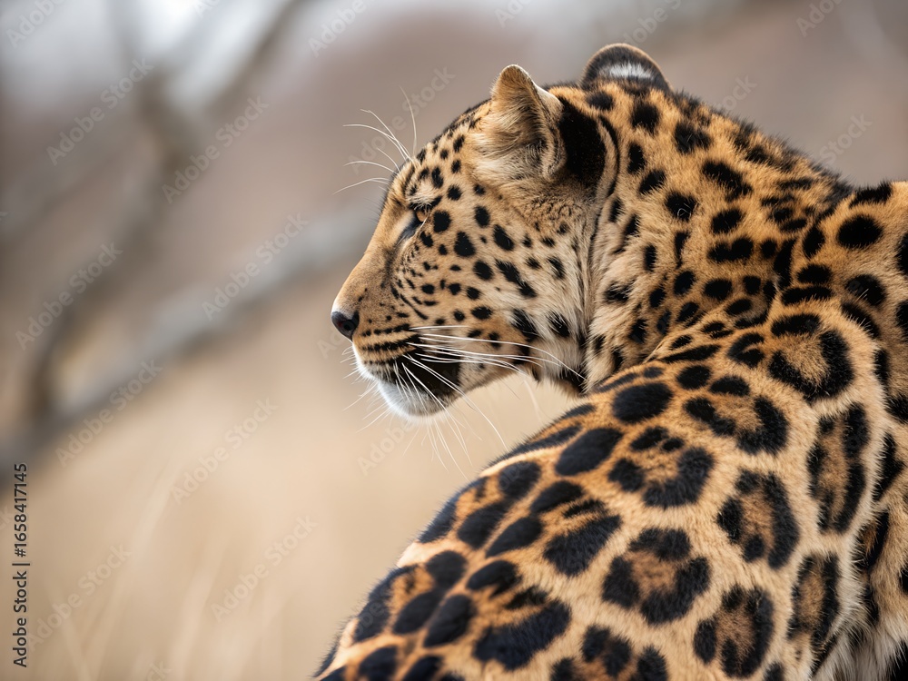 Obraz premium A majestic leopard with beautiful spotted fur looks over its shoulder, gazing into the distance in its natural outdoor habitat.