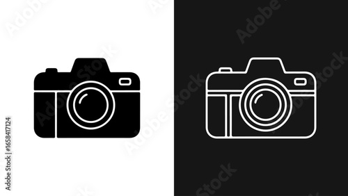 Two camera icons in contrasting solid and outline styles are shown on a split background.