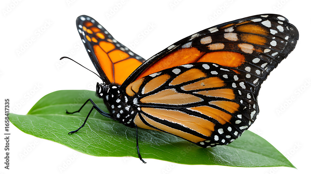 Fototapeta premium Monarch butterfly perched on a green leaf, delicate details and vivid colors, isolated on a white background