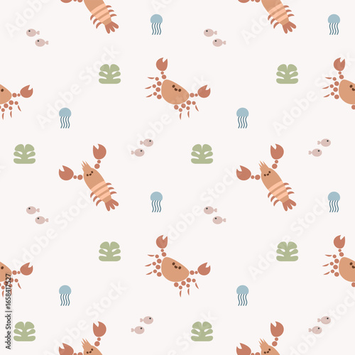 Lobster and crab cartoon so cute. On seaweed fish jellyfish background. Pattern seamless vector illustration. 