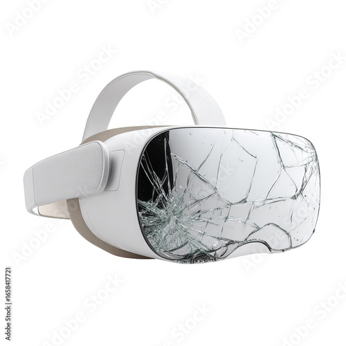 Cracked virtual reality headset with shattered front visor on transparent background