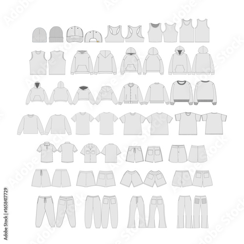 Apparel Vector Mockups Bundle Blank Men’s T-Shirt Shorts Design Template Cap Sweatshirts Varsity Jacket Mock-ups Realistic Style Baseball Cap Vector Mockups Template Clothing CAD Tech Pack