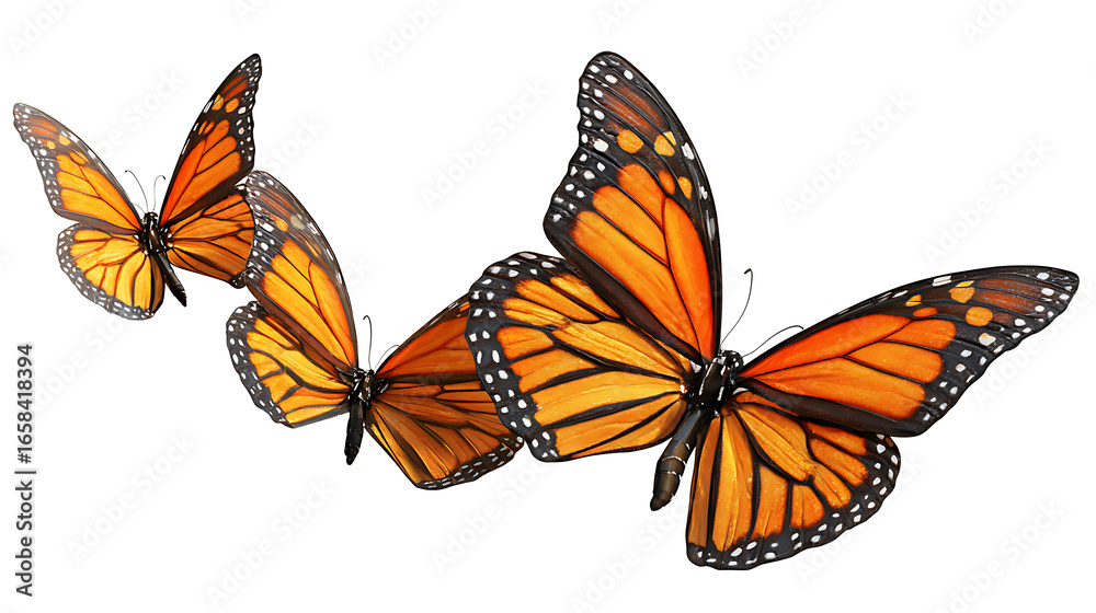 Fototapeta premium Group of three monarch butterflies flying together, vivid orange tones, isolated on a white background