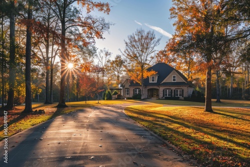 Beautiful home with driveway and lawn surrounded by colorful autumn trees at sunrise