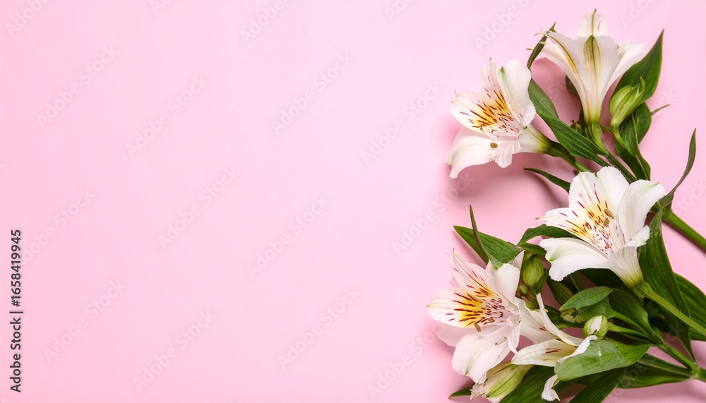 Fototapeta premium Alstroemeria on pink background, Soft Pink Alstroemeria Flowers with Red Stripes and Delicate Petals on Blurry Pink Background, Elegant Pink Alstroemeria Flowers on Pink Background Botanical Floral