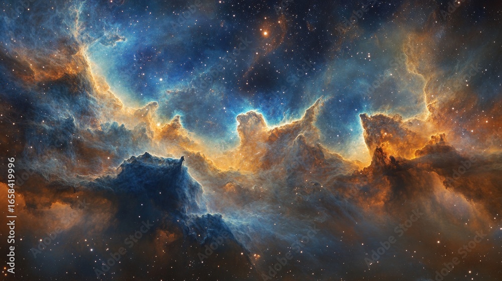 Fototapeta premium A vibrant cosmic scene displaying a colorful nebula with swirling clouds of gas and dust illuminated by stars.