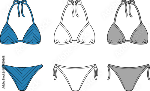 Chevron bikini swimwear flat sketch, triangle top and bottom design, women’s beachwear fashion illustration, vector apparel technical drawing template