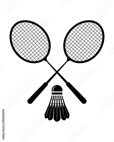 Badminton Rackets and Shuttlecock Black and White Illustration Sporting Equipment Recreational Activity Vector Graphic Design Element Isolated on White Background Simple Modern