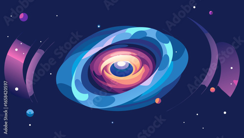 Isometric vector vortex of galaxies and stars forming a cosmic eye tunnel, dark navy background with glowing stardust