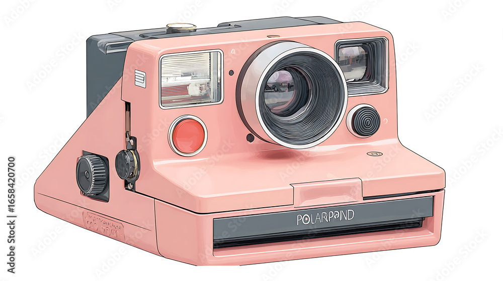 Fototapeta premium Polaroid camera with pastel pink casing, isolated on a white background