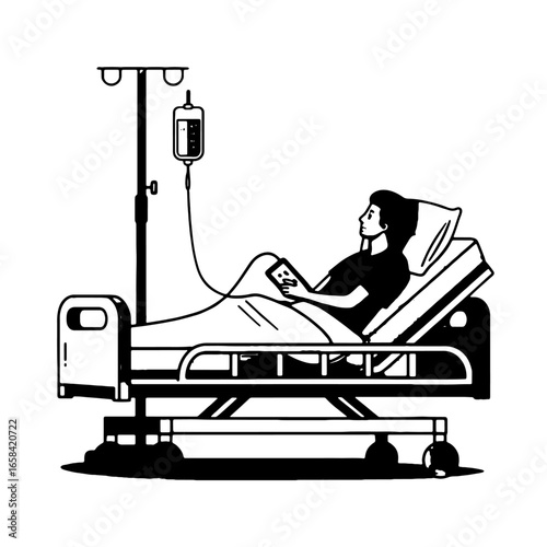 A Patient in a Hospital Bed Holding a Tablet and Getting IV Drip.