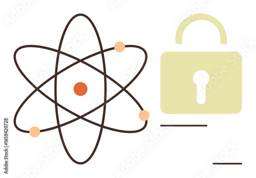 Atomic model with orbiting electrons beside a closed padlock. Ideal for cybersecurity, data encryption, scientific security, digital protection, innovation, technology, simple flat metaphor