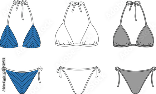 Chevron tie-side bikini flat sketch, triangle swimsuit top and bottom, women’s beachwear fashion template, technical apparel design illustration