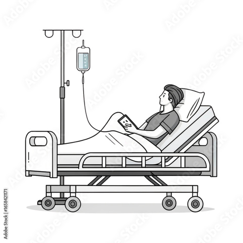Patient Holding Tablet and Getting IV Drip in a Hospital Bed.