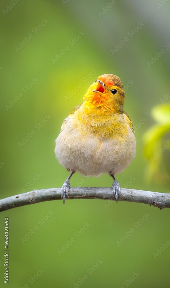 Obraz premium Colorful Wild Songbird Perched on Branch in Natural Green Forest Setting - Avian Wildlife Photography