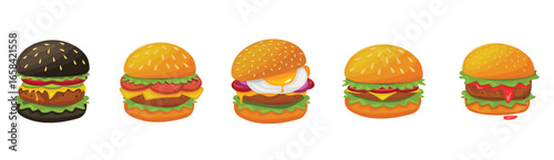 Burger vector set. Set of fast food illustration. Hamburger vector illustration. Fast Food Icons Set. Burger illustration. cheese burger illustration