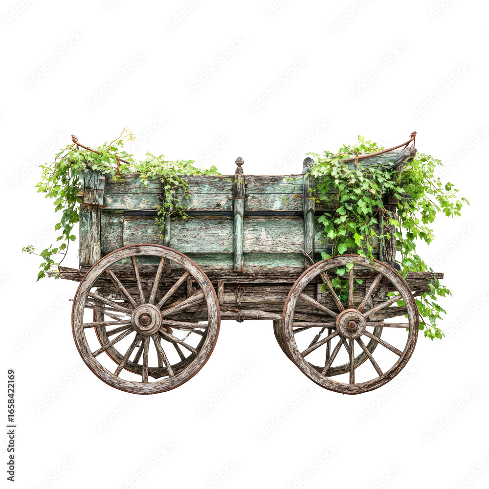 Obraz premium Rustic Wooden Cart Planter, Garden, Overgrown Vines, Outdoors, Decoration