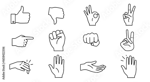 Illustration showing a collection of various hand gestures and hand signals in outline style drawing art on transparent background