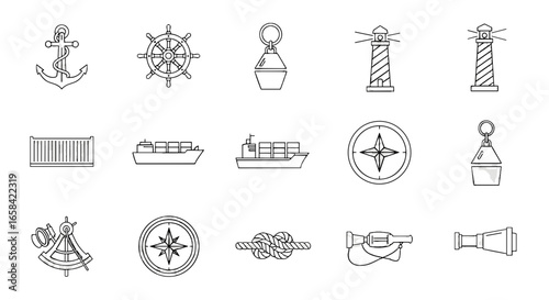 Illustration of nautical themed icons including anchor, ship wheel, lighthouse, ship, compass and spyglass on transparent background