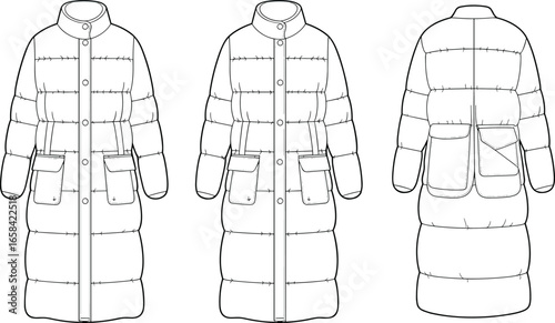 Long padded coat technical drawing, front back side view, high collar, patch pockets, button closure, winter fashion flat sketch, CAD illustration