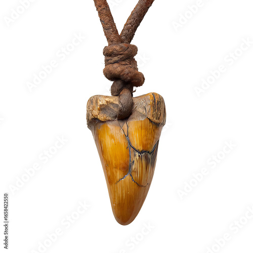 Close-up of textured yellow-brown tooth-shaped pendant on worn knotted leather cord with transparent background