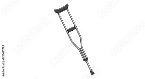 A single forearm crutch with a gray handle and arm support stands against a plain white background alone and tilted on transparent background