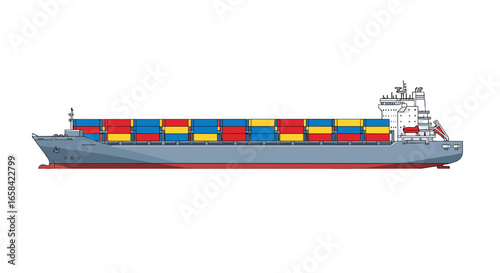 Illustration of a cargo ship loaded with colorful containers sailing on the ocean water surface view on transparent background
