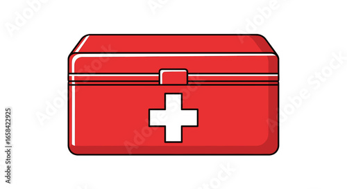 Illustration of a red first aid kit box with a white cross centered on the front and black outlines on transparent background