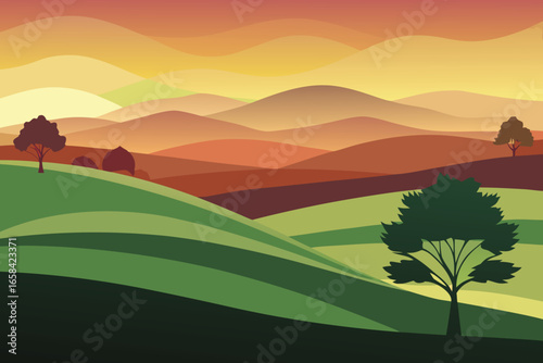Minimalist landscape featuring rolling hills trees and a warm autumnal sky suitable for various creative projects