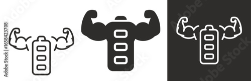 flat and linear set icons, strong battery icon, active power icon, untapped potential, stronger arms gain muscle, simple symbols on white and black background - editable stroke vector illustration