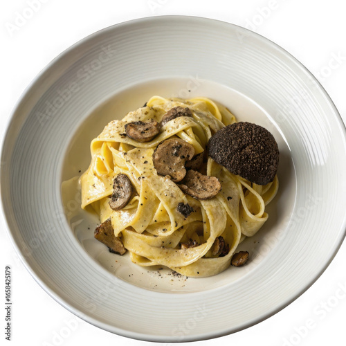 Delicious fettuccine alfredo with mushrooms and black truffle top view overhead shot