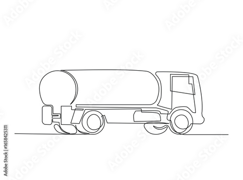 Tanker truck simple outline illustration. Continuous line art drawing of heavy tank truck. Editable stroke.