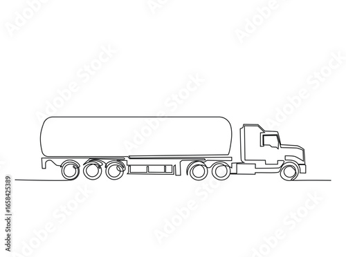 Tanker truck simple outline illustration. Continuous line art drawing of heavy tank truck. Editable stroke.