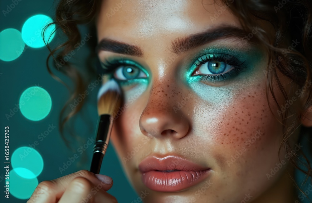 Obraz premium Woman applies bright teal eyeshadow using makeup brush. Close-up of face with freckles and blue eyes. Vibrant eye makeup highlights skin texture. Fashionable beauty look, stylish and elegant.