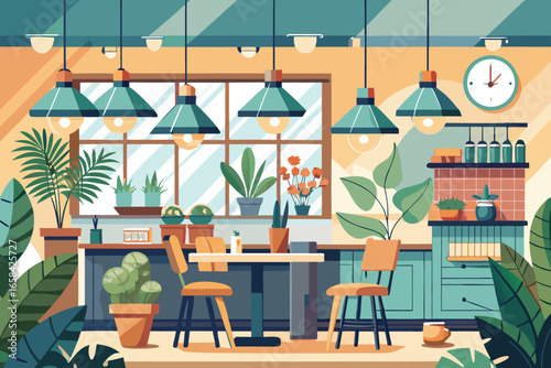 Modern cozy cafe interior illustration featuring stylish furniture and lush greenery with a playful decorative atmosphere