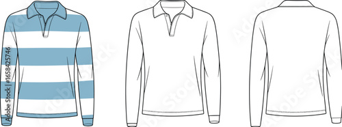 Striped rugby shirt fashion flat, men’s long sleeve polo top technical sketch, casual wear template, garment design illustration vector