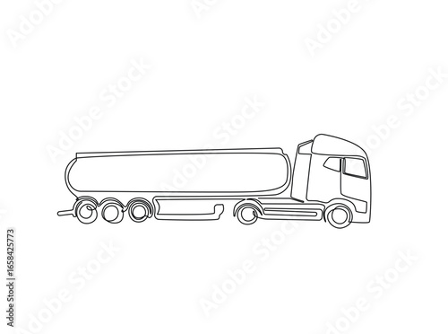 Tanker truck simple outline illustration. Continuous line art drawing of heavy tank truck. Editable stroke.