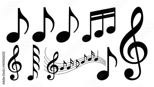 Collection of Black Musical Notes and Symbols on a White Background