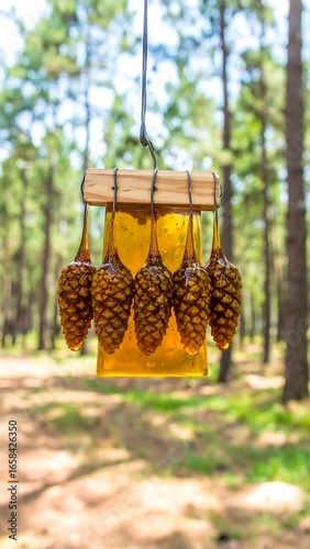 Honeyed pine cone decorations hanging outdoors