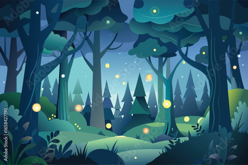 Mystical forest scene with glowing fireflies at night illustrative digital artwork for designs