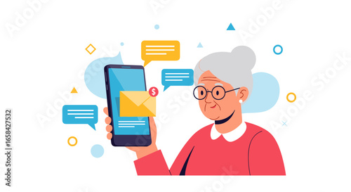 Elderly woman using smartphone for communication and online messaging