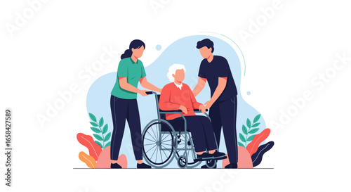 Two caregivers assisting an elderly person in a wheelchair with care