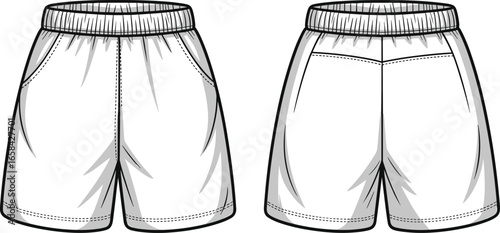 Technical flat sketch of women's casual shorts with pockets, front and back view, vector template for fashion design illustration