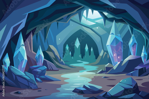 Mystical cave with glowing crystals and a river of light in a fantasy landscape illustration